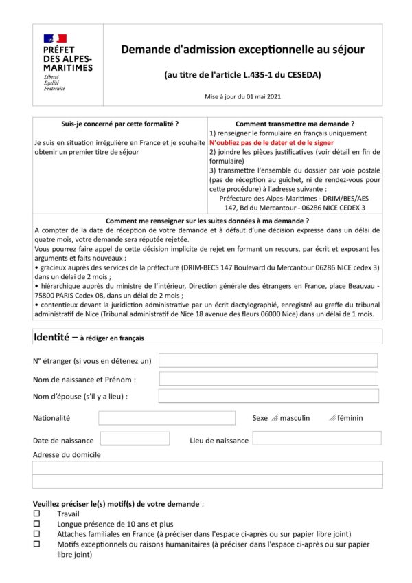 06 Alpes Maritimes - Demande d'admission exceptionnelle au séjour (AES)