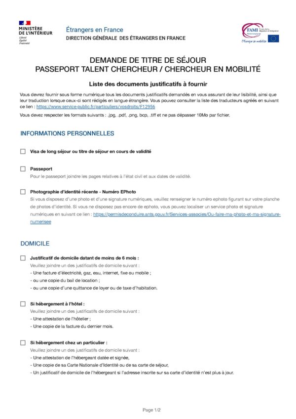 Demande de titre de séjour passeport talent chercheur - chercheur en mobilité