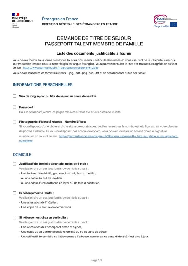 Demande de titre de séjour passeport talent membre de famille