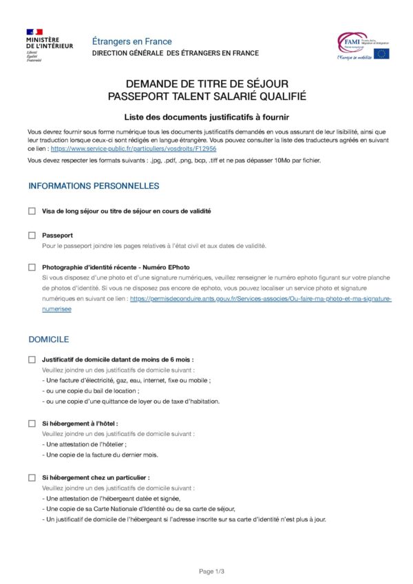 Demande de titre de séjour passeport talent salarié qualifié