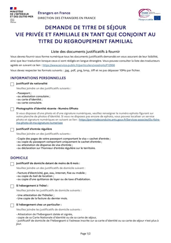 Demande de titre de séjour vie privée et familiale en tant que conjoint au titre du regroupement familial