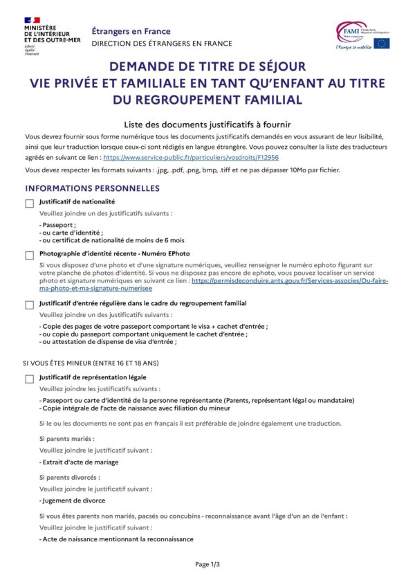 Demande de titre de séjour vie privée et familiale en tant qu’enfant au titre du regroupement familial