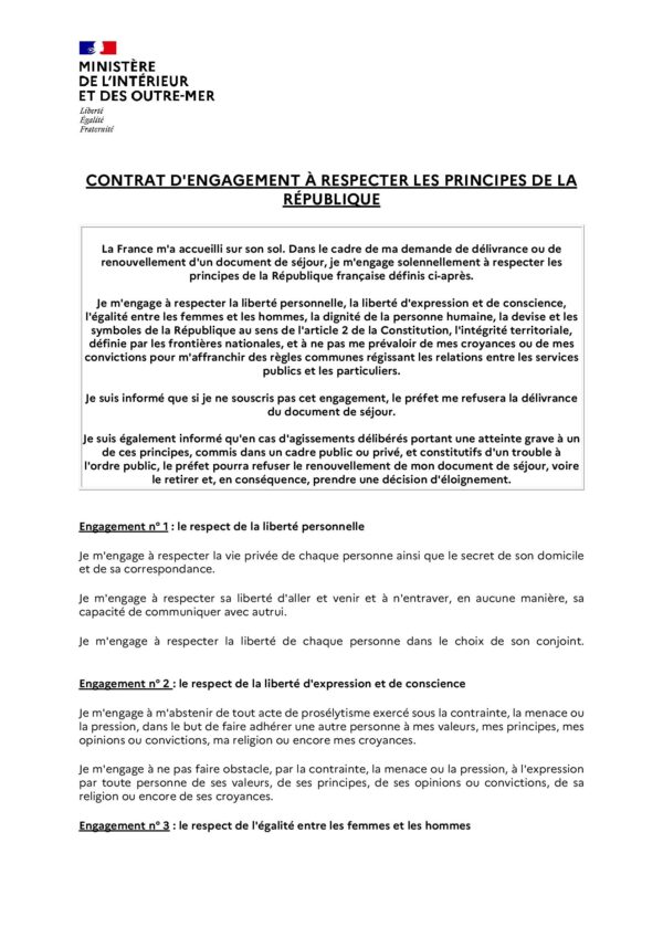 Contrat d'engagement à respecter les principes de la République à signé