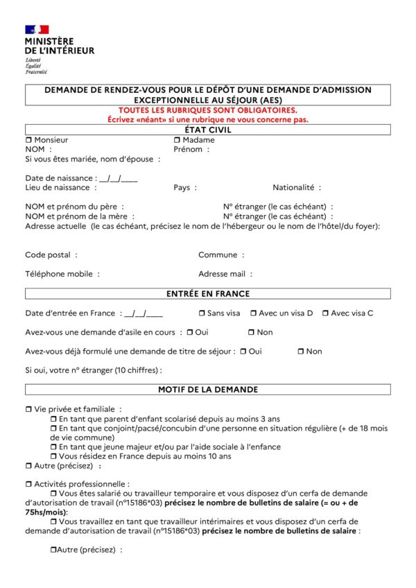 94 Val de Marne - Demande de rendez-vous pour le dépôt d’une demande d’admission exceptionnelle au séjour (AES)