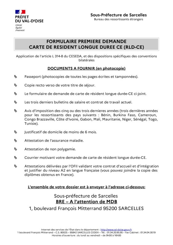 95 Val d'Oise - Formulaire première demande carte de résident longue durée (RLD-CE)