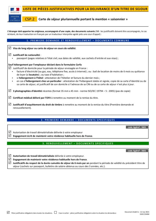 Carte de séjour pluriannuelle portant la mention - saisonnier