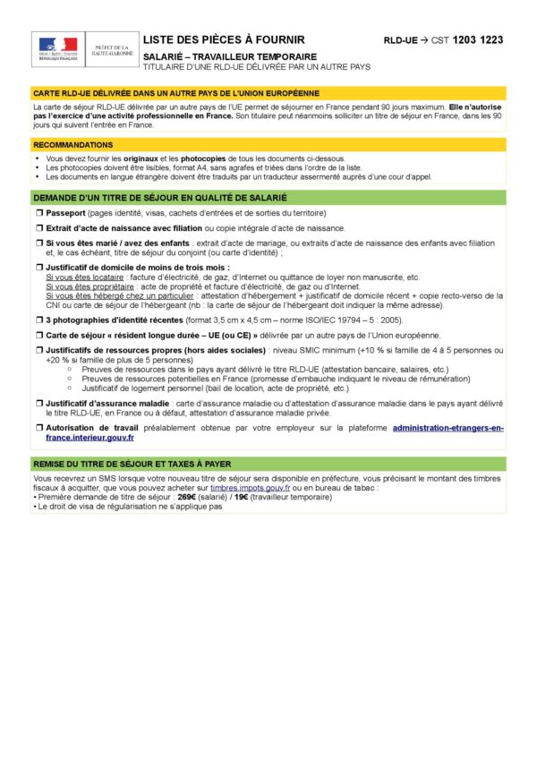 Titulaire d’une RLD-EU salarié – travailleur temporaire délivrée par un autre pays