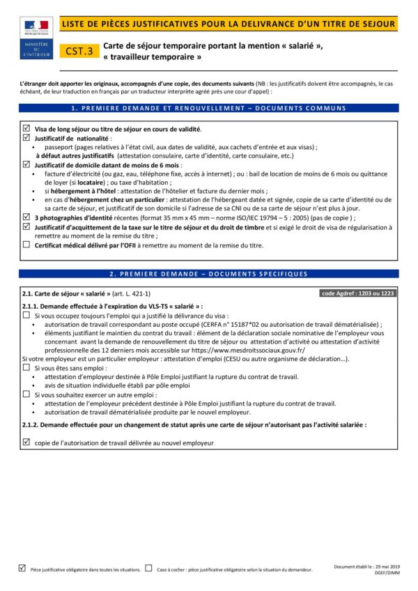 Carte de séjour temporaire portant la mention salarié, travailleur temporaire