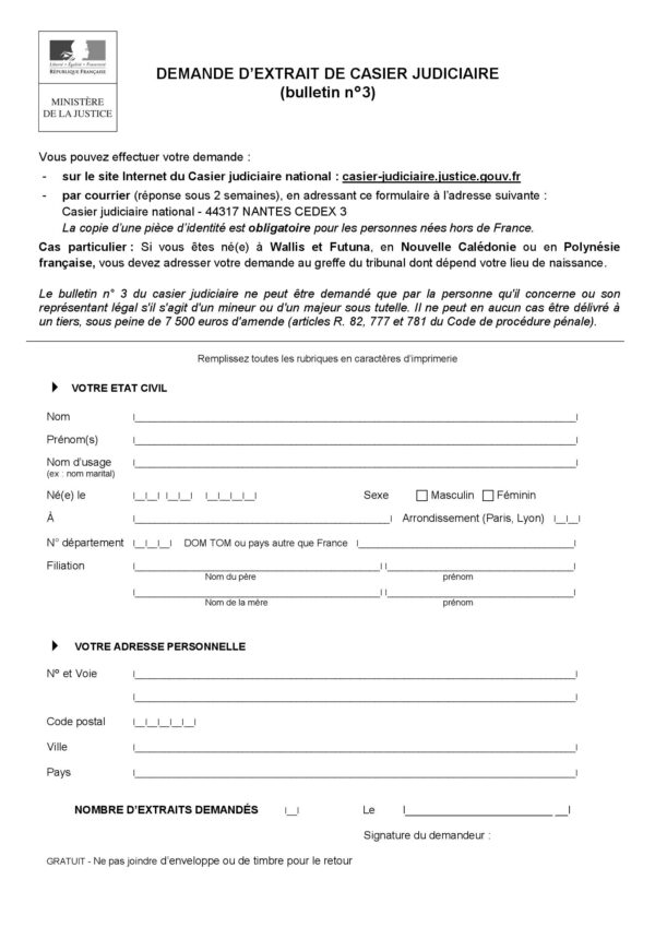 Demande d’extrait de casier judiciaire bulletin n°3