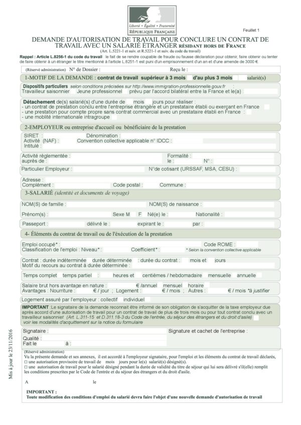 Autorisation de travail pour un salarié (Salarié étranger résidant hors de France)