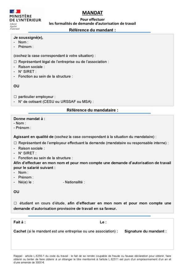 Mandat pour effectuer les formalités de demande d’autorisation de travail